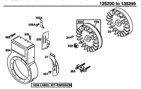 Flywheel Assembly Diagram and Parts List for 135200-135299 0001-0013 Briggs and Stratton Engine